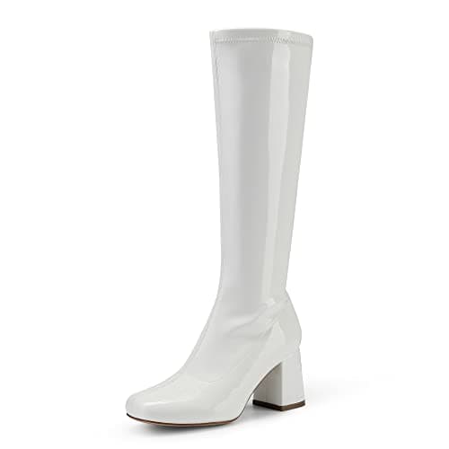 DREAM PAIRS Women's Gogo Boots Chunky Knee High Boots,White/Patent/Pu,8