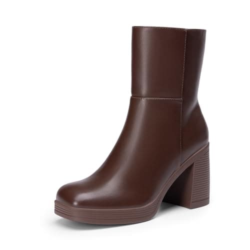 DREAM PAIRS Women's Platform Gogo Ankle Boots Chunky Shoes,Brown,9.5
