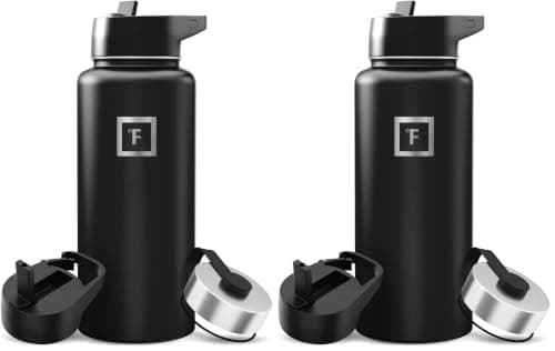 IRON °FLASK Camping & Hiking Hydration Flask with Straw, Wide Mouth Insulated Stainless Steel Sports Water Bottle - 32 oz Midnight Black (Pack of 2)