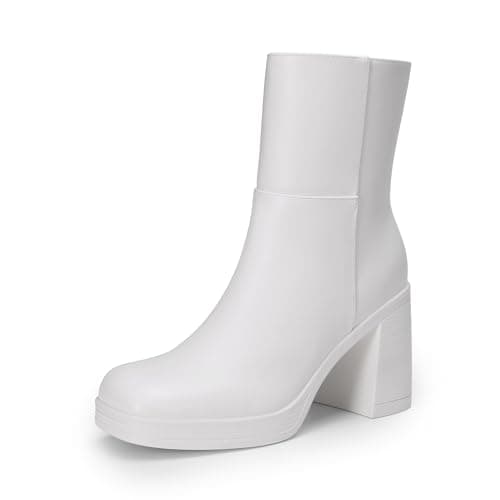 DREAM PAIRS Women's Platform Gogo Ankle Boots Chunky Shoes,White,8.5