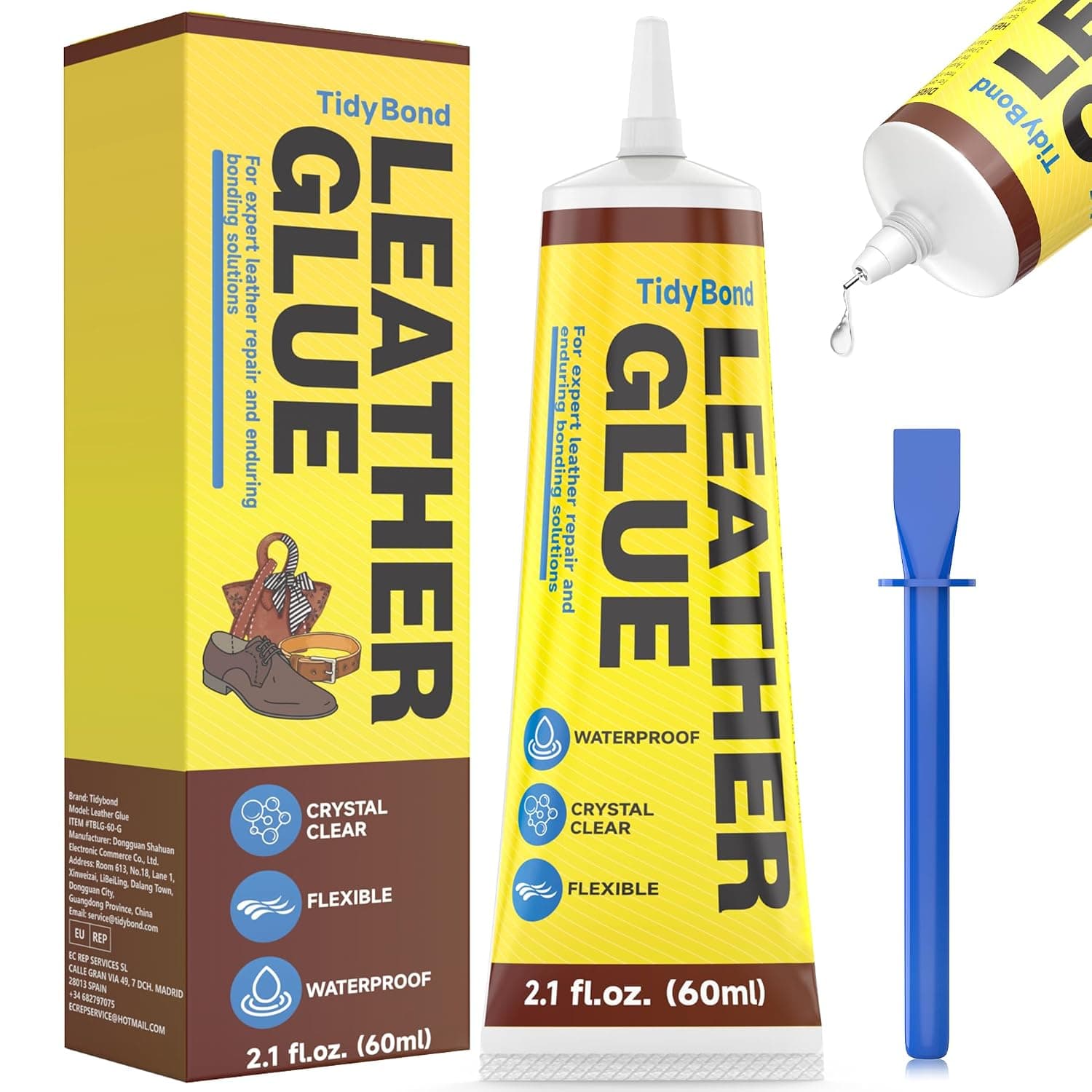 Leather Glue 60ml – Strong Flexible Adhesive for Leather Repair – Waterproof, Clear-Drying, No-Stiff Finish – Perfect for Shoes, Boots, Handbags, Jackets, Couches, Car Seats & More