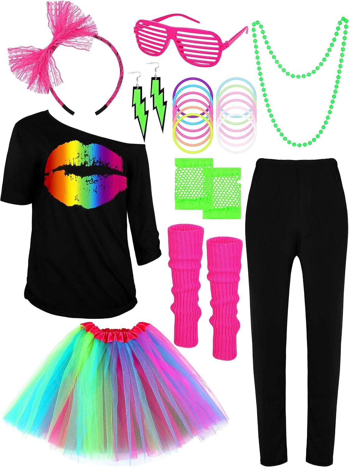 SOMSOC 21 Pieces 80s Women Halloween Costume Accessories Set T-Shirt Tutu Headband Earring Necklace Leg Warmer Pants - image 1 of 1
